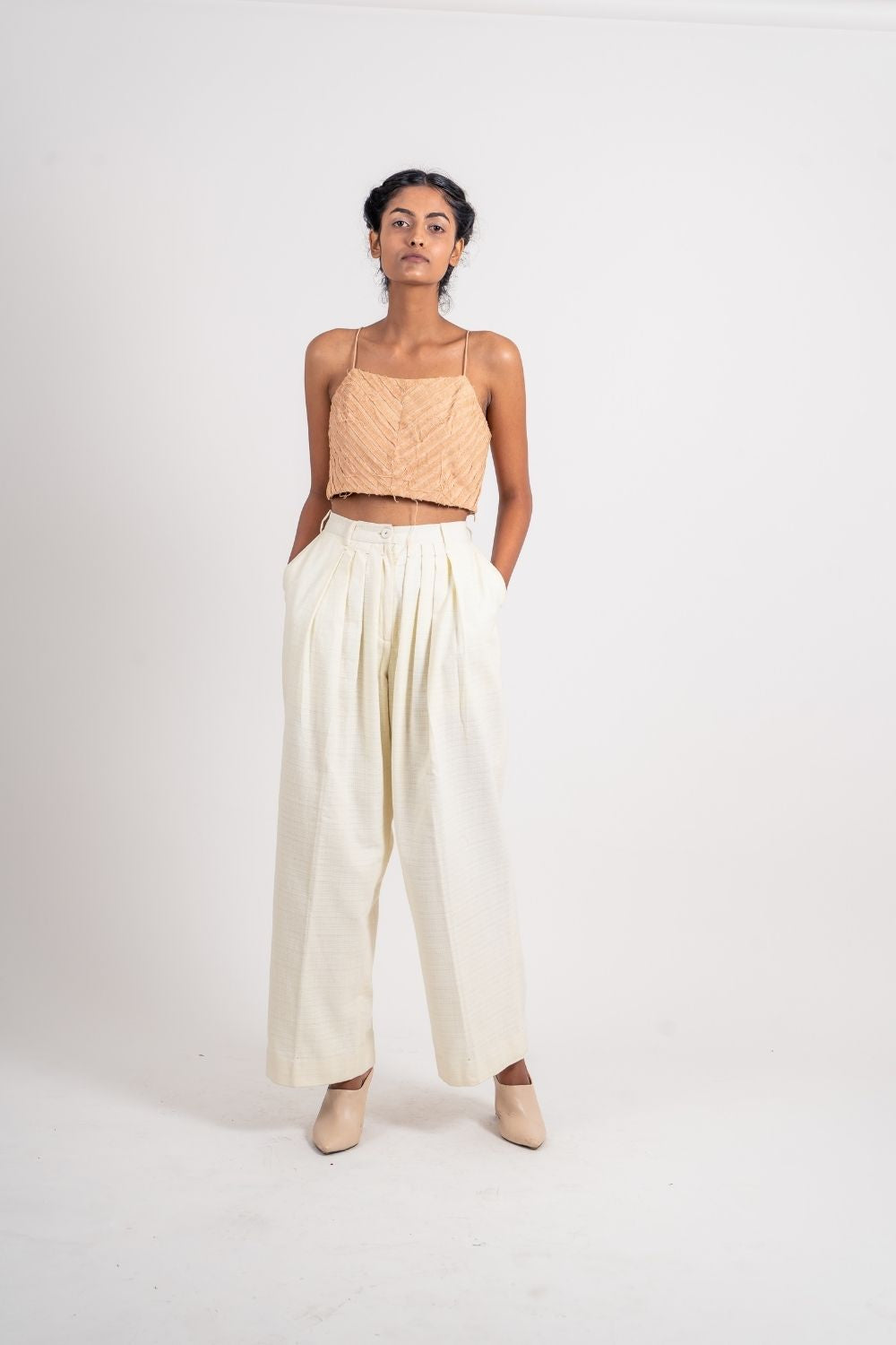 Beige Cotton Blouse by Ahmev with Beige, Broken Book by Ahmev, Casual Wear, Fitted At Bust, Handloom Cotton, July Sale, July Sale 2023, Natural, Spaghettis, Textured, Tops, Womenswear at Kamakhyaa for sustainable fashion