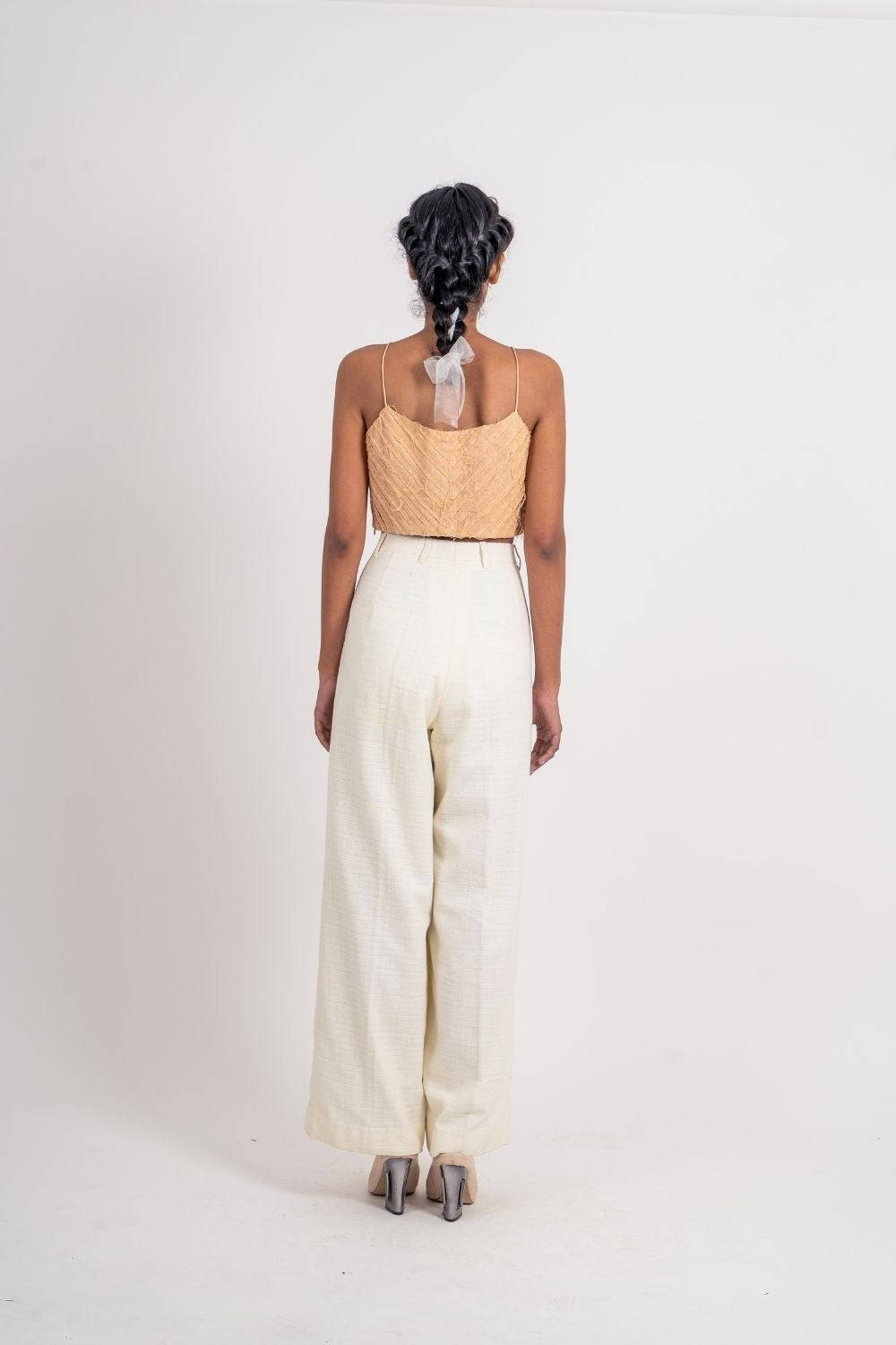 Beige Cotton Blouse by Ahmev with Beige, Broken Book by Ahmev, Casual Wear, Fitted At Bust, Handloom Cotton, July Sale, July Sale 2023, Natural, Spaghettis, Textured, Tops, Womenswear at Kamakhyaa for sustainable fashion