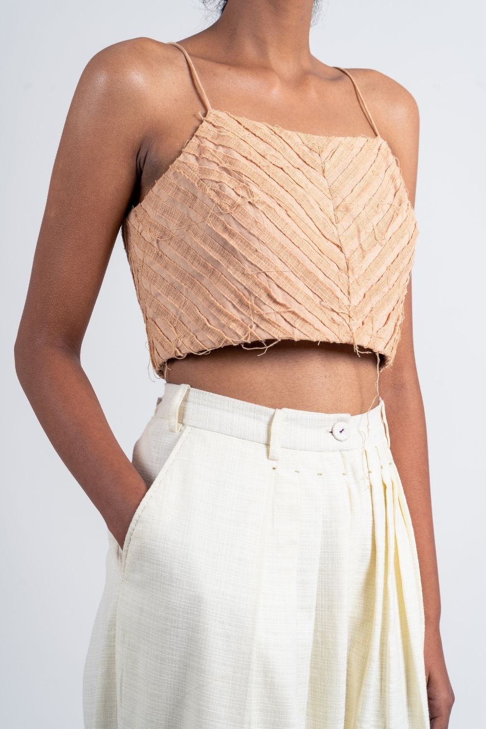 Beige Cotton Blouse by Ahmev with Beige, Broken Book by Ahmev, Casual Wear, Fitted At Bust, Handloom Cotton, July Sale, July Sale 2023, Natural, Spaghettis, Textured, Tops, Womenswear at Kamakhyaa for sustainable fashion