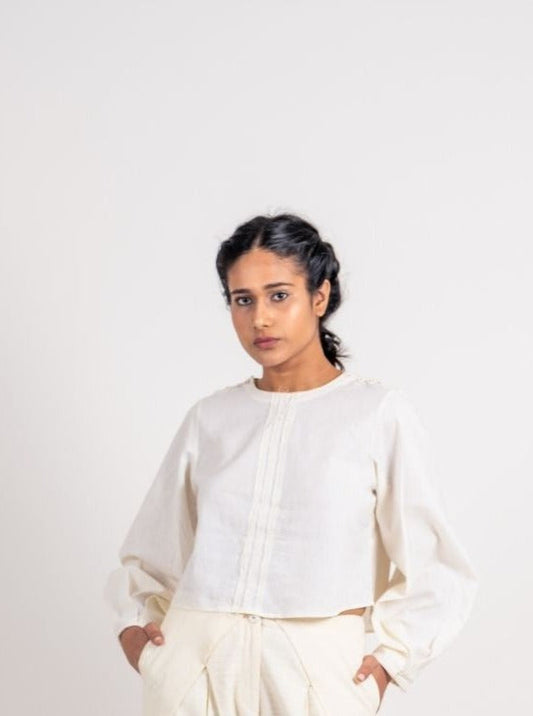 White Cotton Tunic Top by Ahmev with Broken Book by Ahmev, Casual Wear, Crop Tops, Handloom Cotton, July Sale, July Sale 2023, Natural, Regular Fit, Solids, Tops, White, Womenswear at Kamakhyaa for sustainable fashion