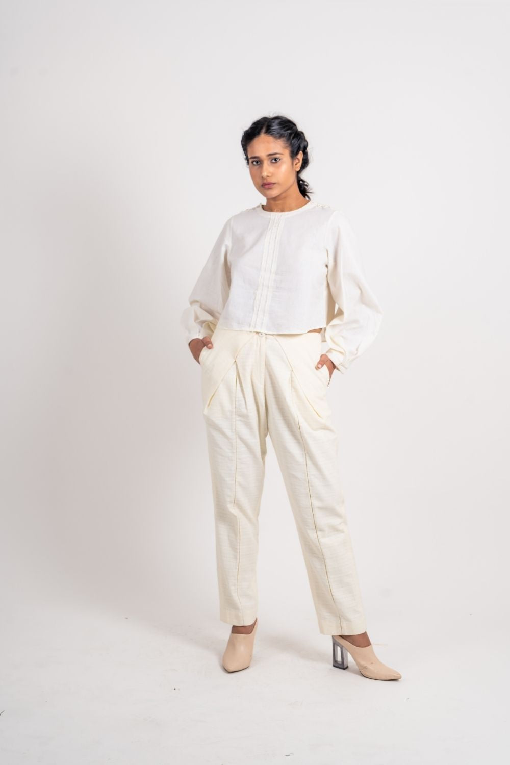 White Cotton Tunic Top by Ahmev with Broken Book by Ahmev, Casual Wear, Crop Tops, Handloom Cotton, July Sale, July Sale 2023, Natural, Regular Fit, Solids, Tops, White, Womenswear at Kamakhyaa for sustainable fashion