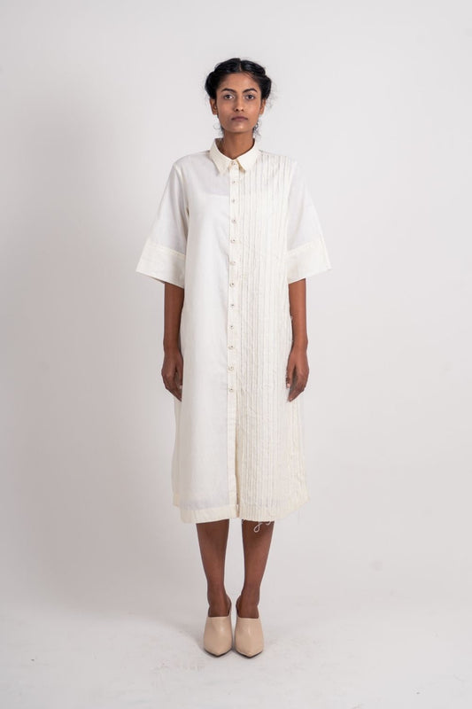 White Textured Midi Dress by Ahmev with Broken Book by Ahmev, Casual Wear, Handloom Cotton, Highend fashion, July Sale, July Sale 2023, Natural, Relaxed Fit, Shirt Dresses, Shirts, Textured, White, Womenswear at Kamakhyaa for sustainable fashion