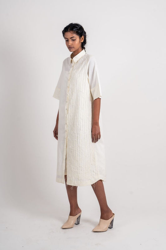 White Textured Shirt by Ahmev with Broken Book by Ahmev, Casual Wear, Handloom Cotton, Highend fashion, July Sale, July Sale 2023, Natural, Regular Fit, Shirt Dresses, Shirts, Textured, White, Womenswear at Kamakhyaa for sustainable fashion