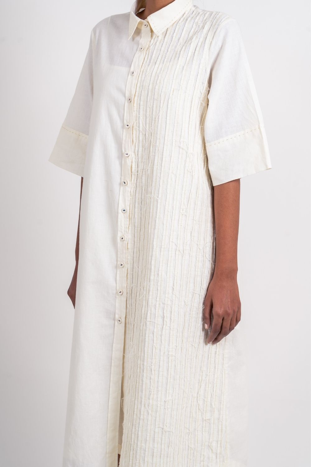 White Textured Shirt by Ahmev with Broken Book by Ahmev, Casual Wear, Handloom Cotton, Highend fashion, July Sale, July Sale 2023, Natural, Regular Fit, Shirt Dresses, Shirts, Textured, White, Womenswear at Kamakhyaa for sustainable fashion