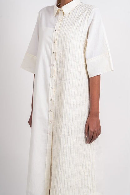 White Textured Midi Dress Handloom Cotton, Natural, Relaxed Fit, Shirt Dresses, Textured, Kamakhyaa