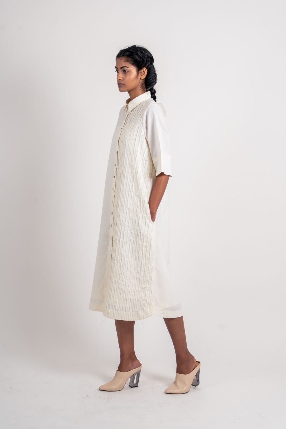 White Textured Shirt by Ahmev with Broken Book by Ahmev, Casual Wear, Handloom Cotton, Highend fashion, July Sale, July Sale 2023, Natural, Regular Fit, Shirt Dresses, Shirts, Textured, White, Womenswear at Kamakhyaa for sustainable fashion