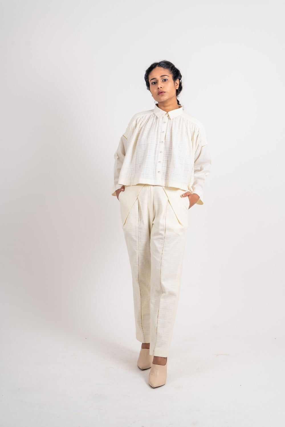 White Cotton Gathered Shirt by Ahmev with Broken Book by Ahmev, Casual Wear, Handloom Cotton, July Sale, July Sale 2023, Natural, Relaxed Fit, Shirts, Solids, Tops, White, Womenswear at Kamakhyaa for sustainable fashion