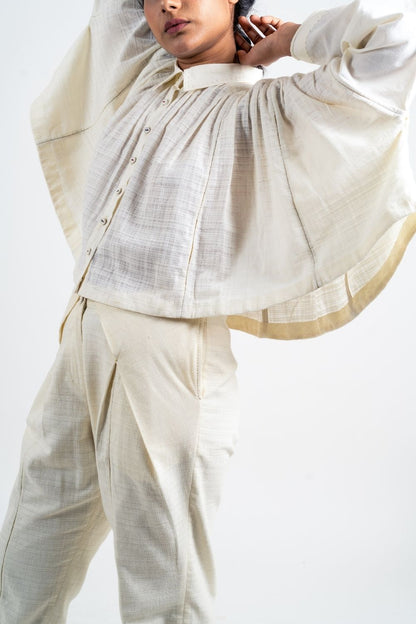 White Cotton Gathered Shirt Handloom Cotton, Natural, Relaxed Fit, Shirts, Solids, Kamakhyaa