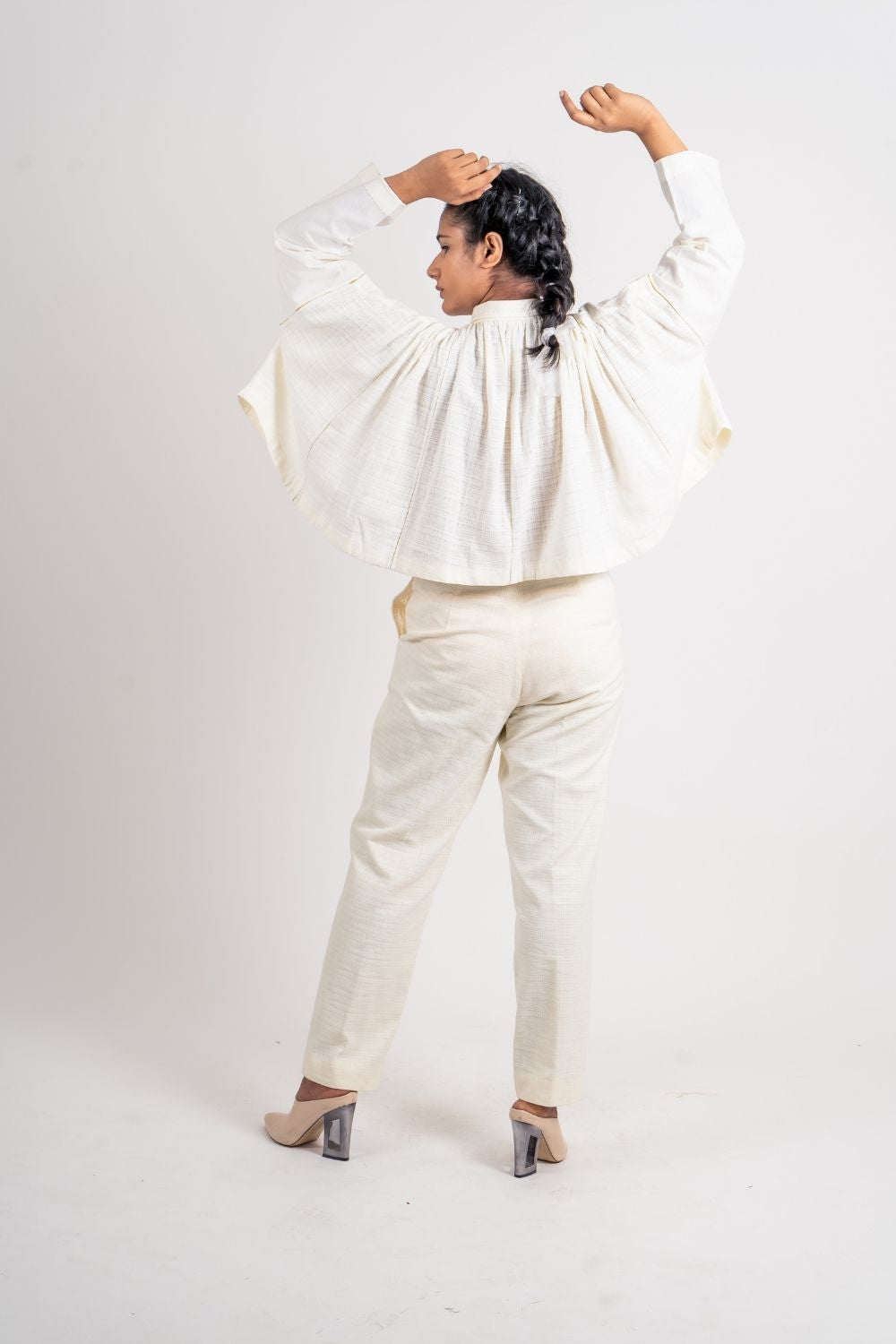 White Cotton Gathered Shirt by Ahmev with Broken Book by Ahmev, Casual Wear, Handloom Cotton, July Sale, July Sale 2023, Natural, Relaxed Fit, Shirts, Solids, Tops, White, Womenswear at Kamakhyaa for sustainable fashion