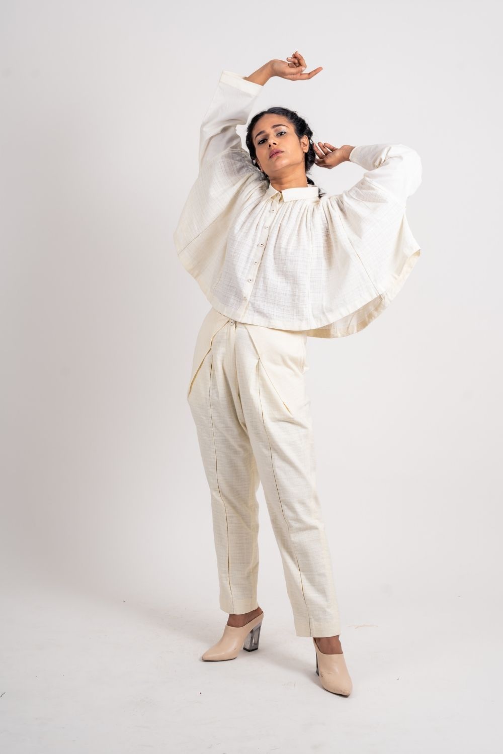 White Cotton Gathered Shirt by Ahmev with Broken Book by Ahmev, Casual Wear, Handloom Cotton, July Sale, July Sale 2023, Natural, Relaxed Fit, Shirts, Solids, Tops, White, Womenswear at Kamakhyaa for sustainable fashion