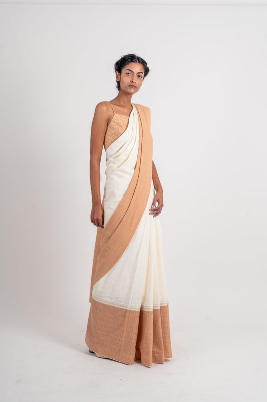 Ivory Cotton Saree by Ahmev with Broken Book by Ahmev, Casual Wear, For Mother, Handloom Cotton, Indian Wear, July Sale, July Sale 2023, Multicolor, Natural, Relaxed Fit, Sarees, Textured, Womenswear at Kamakhyaa for sustainable fashion