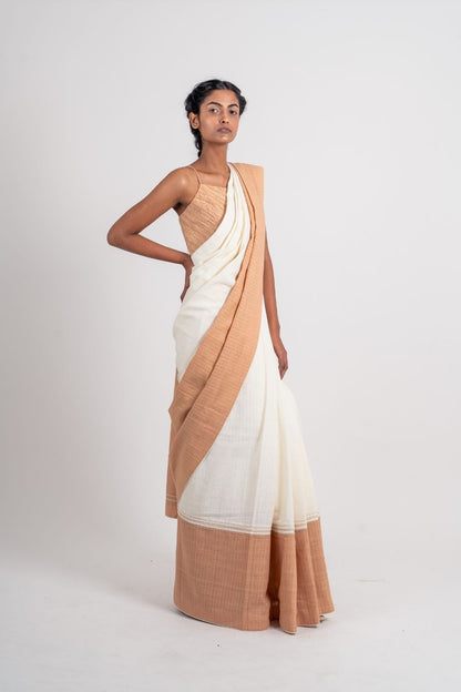 Ivory Cotton Saree by Ahmev with Broken Book by Ahmev, Casual Wear, For Mother, Handloom Cotton, Indian Wear, July Sale, July Sale 2023, Multicolor, Natural, Relaxed Fit, Sarees, Textured, Womenswear at Kamakhyaa for sustainable fashion