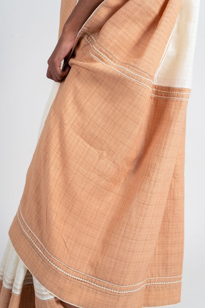 Ivory Cotton Saree by Ahmev with Broken Book by Ahmev, Casual Wear, For Mother, Handloom Cotton, Indian Wear, July Sale, July Sale 2023, Multicolor, Natural, Relaxed Fit, Sarees, Textured, Womenswear at Kamakhyaa for sustainable fashion