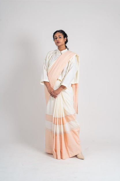 White Saree Two Tone by Ahmev with Broken Book by Ahmev, Casual Wear, For Mother, Handloom Cotton, Indian Wear, July Sale, July Sale 2023, Multicolor, Natural, Relaxed Fit, Sarees, Solids, Womenswear at Kamakhyaa for sustainable fashion