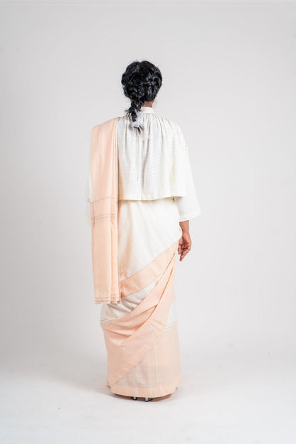 White Saree Two Tone by Ahmev with Broken Book by Ahmev, Casual Wear, For Mother, Handloom Cotton, Indian Wear, July Sale, July Sale 2023, Multicolor, Natural, Relaxed Fit, Sarees, Solids, Womenswear at Kamakhyaa for sustainable fashion