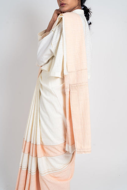 White Saree Two Tone by Ahmev with Broken Book by Ahmev, Casual Wear, For Mother, Handloom Cotton, Indian Wear, July Sale, July Sale 2023, Multicolor, Natural, Relaxed Fit, Sarees, Solids, Womenswear at Kamakhyaa for sustainable fashion