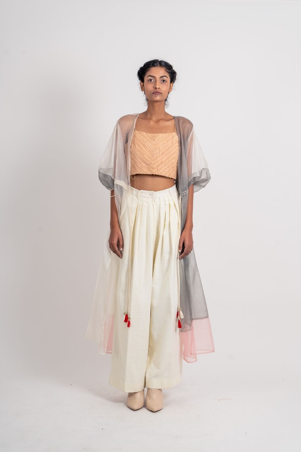 White Organza Shrug by Ahmev with Broken Book by Ahmev, Casual Wear, Grey, July Sale, July Sale 2023, Natural, Relaxed Fit, Shrugs, Silk Organza, Solids, Womenswear at Kamakhyaa for sustainable fashion