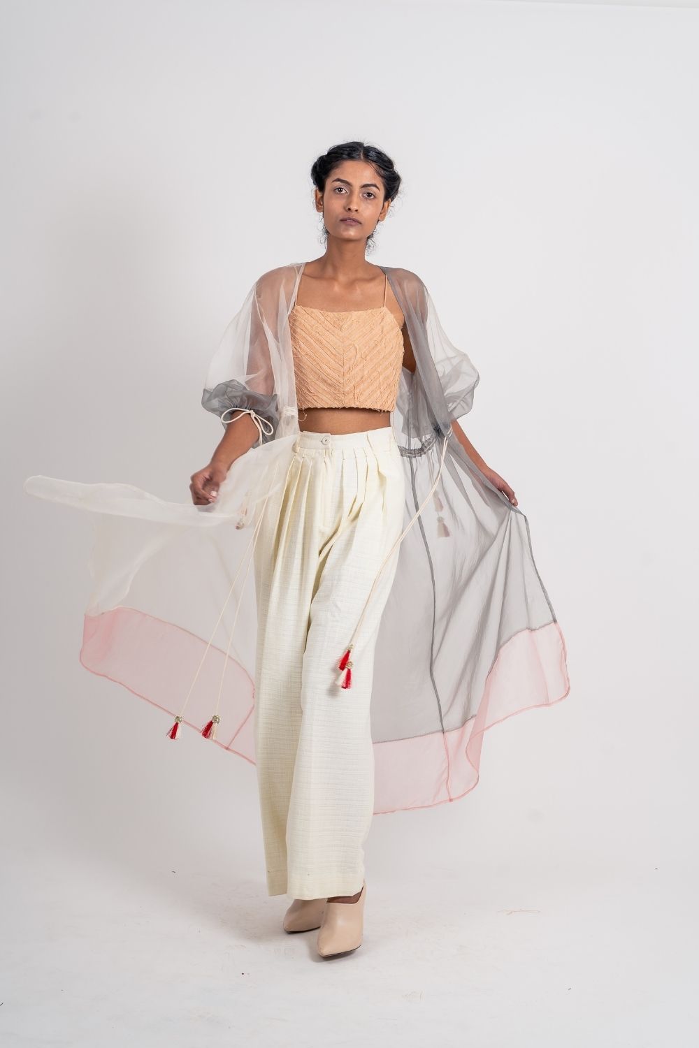 White Organza Shrug by Ahmev with Broken Book by Ahmev, Casual Wear, Grey, July Sale, July Sale 2023, Natural, Relaxed Fit, Shrugs, Silk Organza, Solids, Womenswear at Kamakhyaa for sustainable fashion