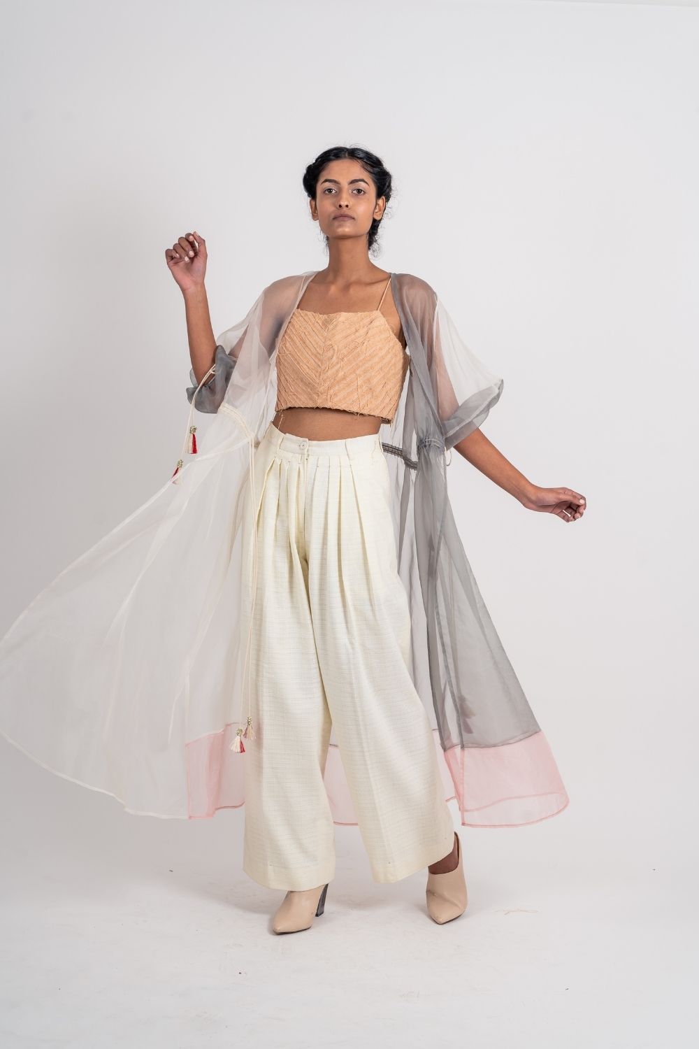 White Organza Shrug by Ahmev with Broken Book by Ahmev, Casual Wear, Grey, July Sale, July Sale 2023, Natural, Relaxed Fit, Shrugs, Silk Organza, Solids, Womenswear at Kamakhyaa for sustainable fashion