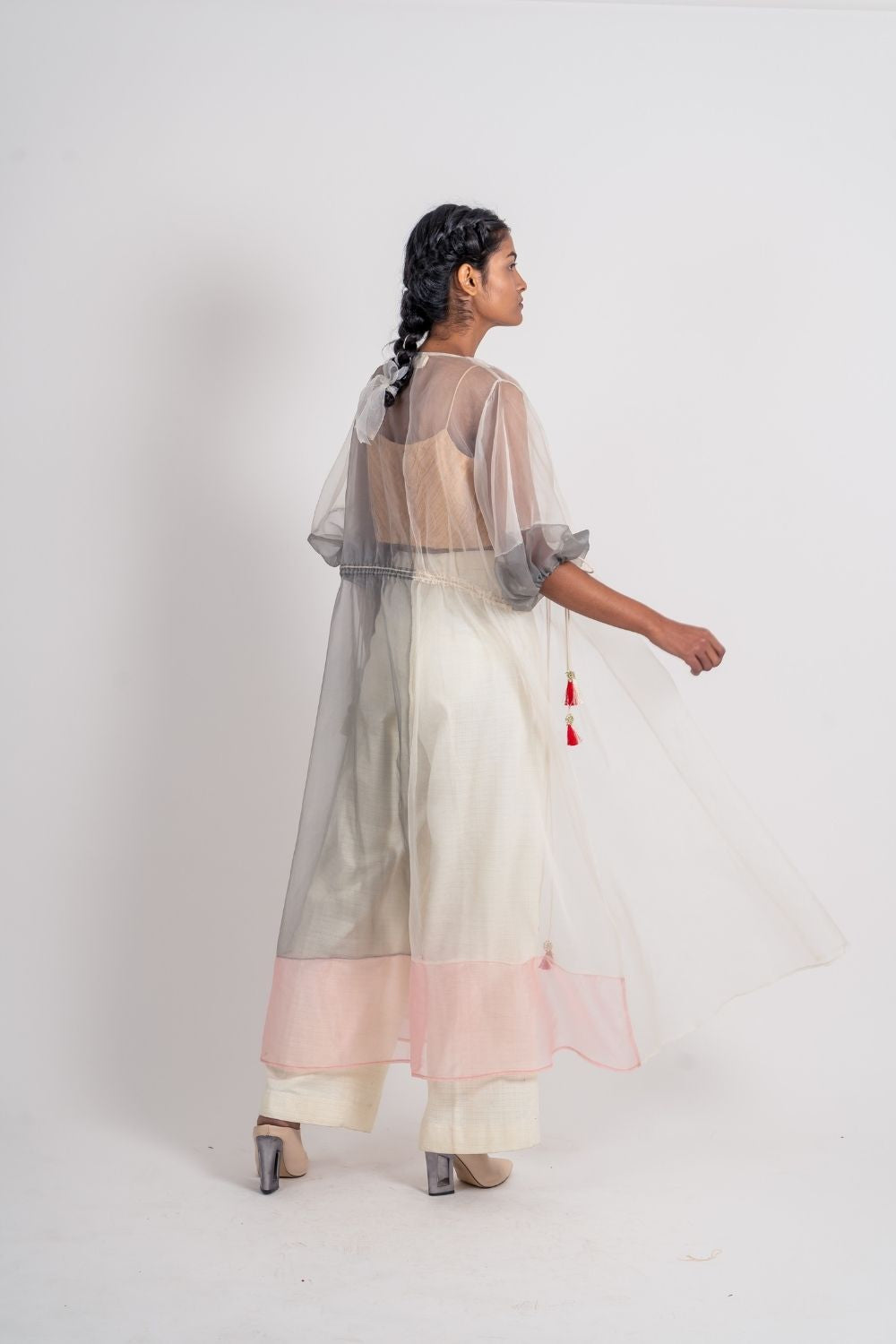 White Organza Shrug by Ahmev with Broken Book by Ahmev, Casual Wear, Grey, July Sale, July Sale 2023, Natural, Relaxed Fit, Shrugs, Silk Organza, Solids, Womenswear at Kamakhyaa for sustainable fashion