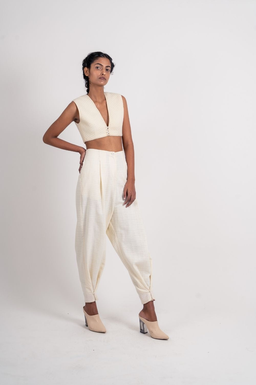 White Crop Top by Ahmev with Broken Book by Ahmev, Casual Wear, Crop Tops, Fitted At Bust, Handloom Cotton, Highend fashion, July Sale, July Sale 2023, Natural, Textured, Tops, White, Womenswear at Kamakhyaa for sustainable fashion