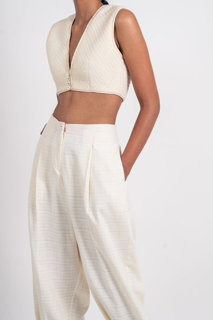 White Crop Top by Ahmev with Broken Book by Ahmev, Casual Wear, Crop Tops, Fitted At Bust, Handloom Cotton, Highend fashion, July Sale, July Sale 2023, Natural, Textured, Tops, White, Womenswear at Kamakhyaa for sustainable fashion