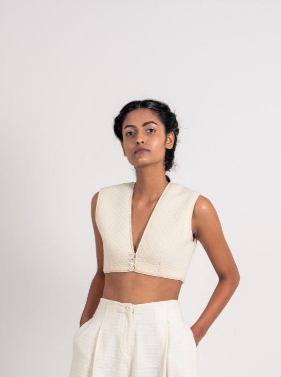 White Crop Top by Ahmev with Broken Book by Ahmev, Casual Wear, Crop Tops, Fitted At Bust, Handloom Cotton, Highend fashion, July Sale, July Sale 2023, Natural, Textured, Tops, White, Womenswear at Kamakhyaa for sustainable fashion
