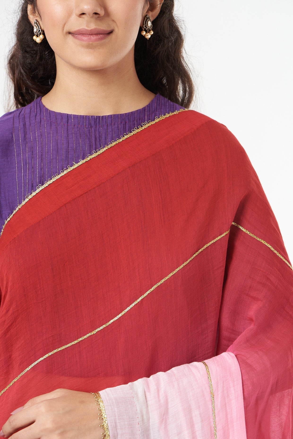 Red Ombre Saree + Peticot by Ahmev with Casual Wear, Festive '22, Festive'22 by Ahmev, For Mother, Free Size, Indian Wear, July Sale, July Sale 2023, Natural, New, Ombre & Dyes, Red, Regular Fit, Saree Sets, Silk Chanderi, Womenswear at Kamakhyaa for sustainable fashion