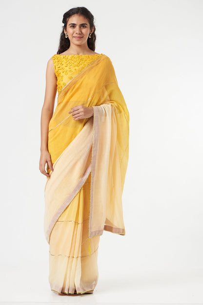 Yellow Ombre Saree + Peticot by Ahmev with Casual Wear, Festive '22, Festive'22 by Ahmev, For Mother, Free Size, Indian Wear, July Sale, July Sale 2023, Natural, New, Ombre & Dyes, Regular Fit, Saree Sets, Silk Chanderi, Womenswear, Yellow at Kamakhyaa for sustainable fashion