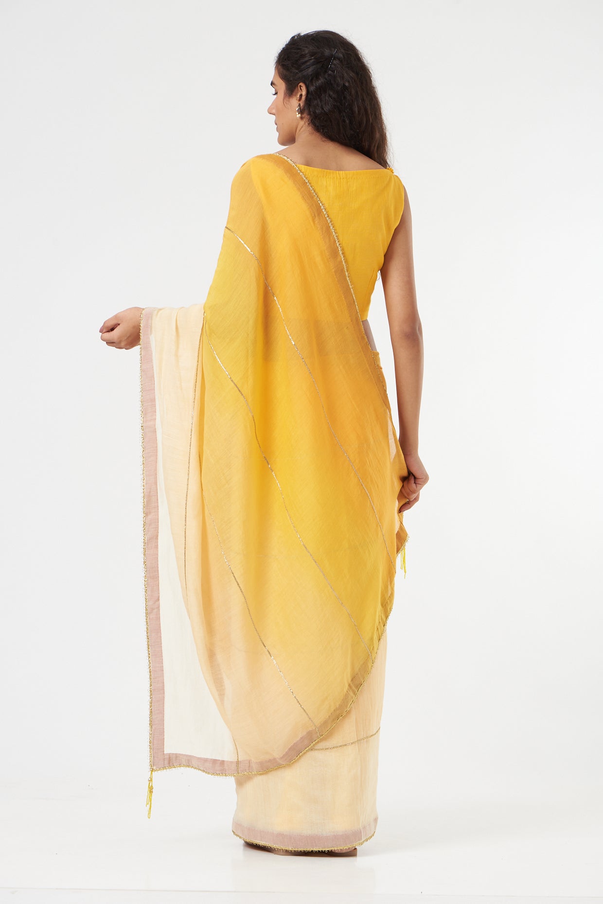 Yellow Ombre Saree + Peticot by Ahmev with Casual Wear, Festive '22, Festive'22 by Ahmev, For Mother, Free Size, Indian Wear, July Sale, July Sale 2023, Natural, New, Ombre & Dyes, Regular Fit, Saree Sets, Silk Chanderi, Womenswear, Yellow at Kamakhyaa for sustainable fashion