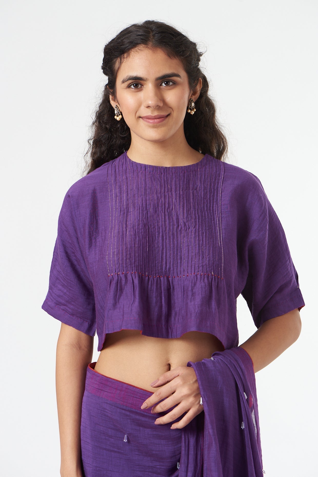 Purple Textured Chanderi Silk Blouse by Ahmev with Casual Wear, Festive '22, Festive'22 by Ahmev, July Sale, July Sale 2023, Natural, New, Purple, Regular Fit, Saree Blouses, Silk Chanderi, Textured, Tops, Womenswear at Kamakhyaa for sustainable fashion