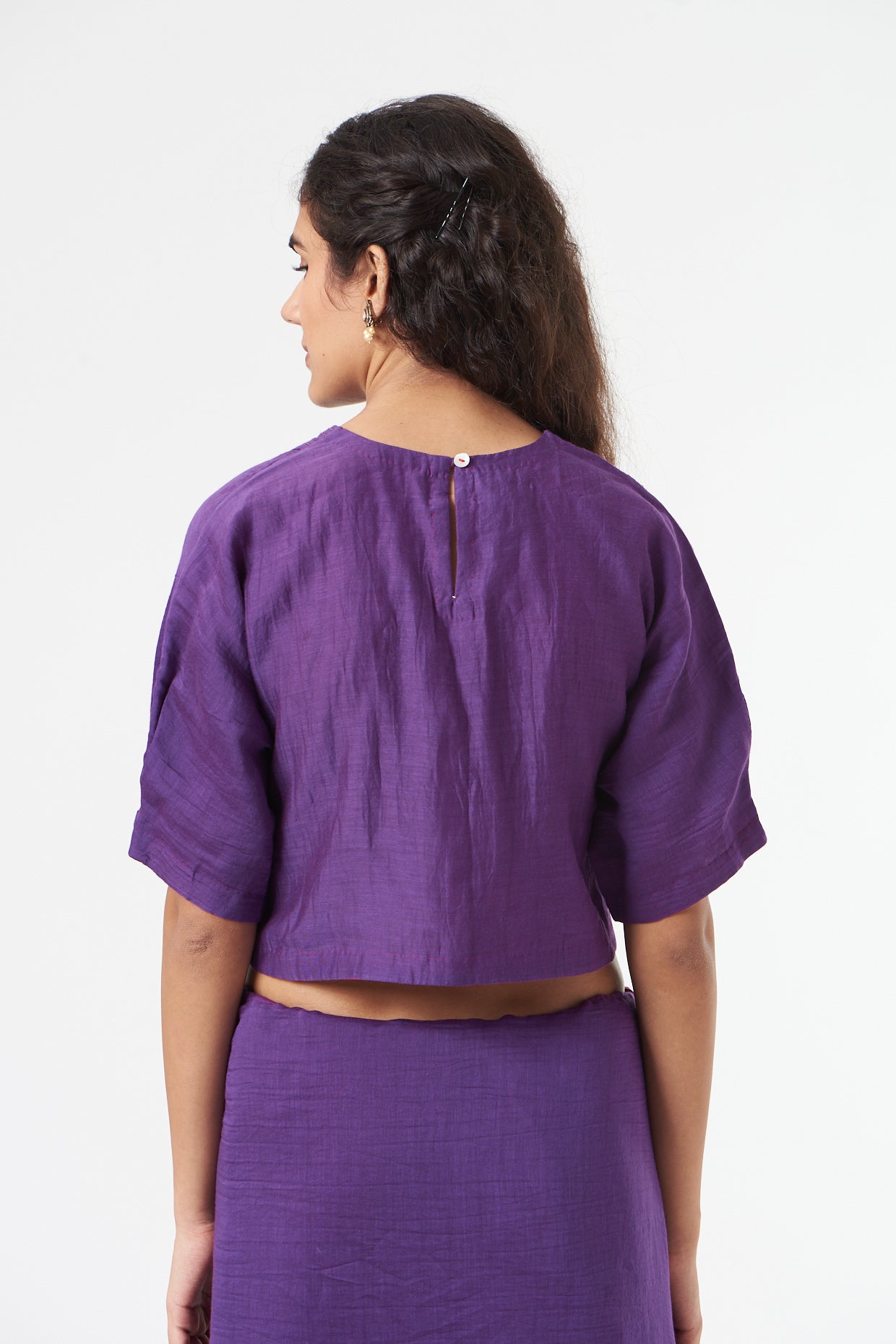 Purple Textured Chanderi Silk Blouse by Ahmev with Casual Wear, Festive '22, Festive'22 by Ahmev, July Sale, July Sale 2023, Natural, New, Purple, Regular Fit, Saree Blouses, Silk Chanderi, Textured, Tops, Womenswear at Kamakhyaa for sustainable fashion