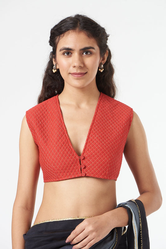 Red Embroidered Chanderi Silk Blouse by Ahmev with Casual Wear, Embroidered, Festive '22, Festive'22 by Ahmev, July Sale, July Sale 2023, Natural, New, Red, Regular Fit, Saree Blouses, Silk Chanderi, Tops, Womenswear at Kamakhyaa for sustainable fashion