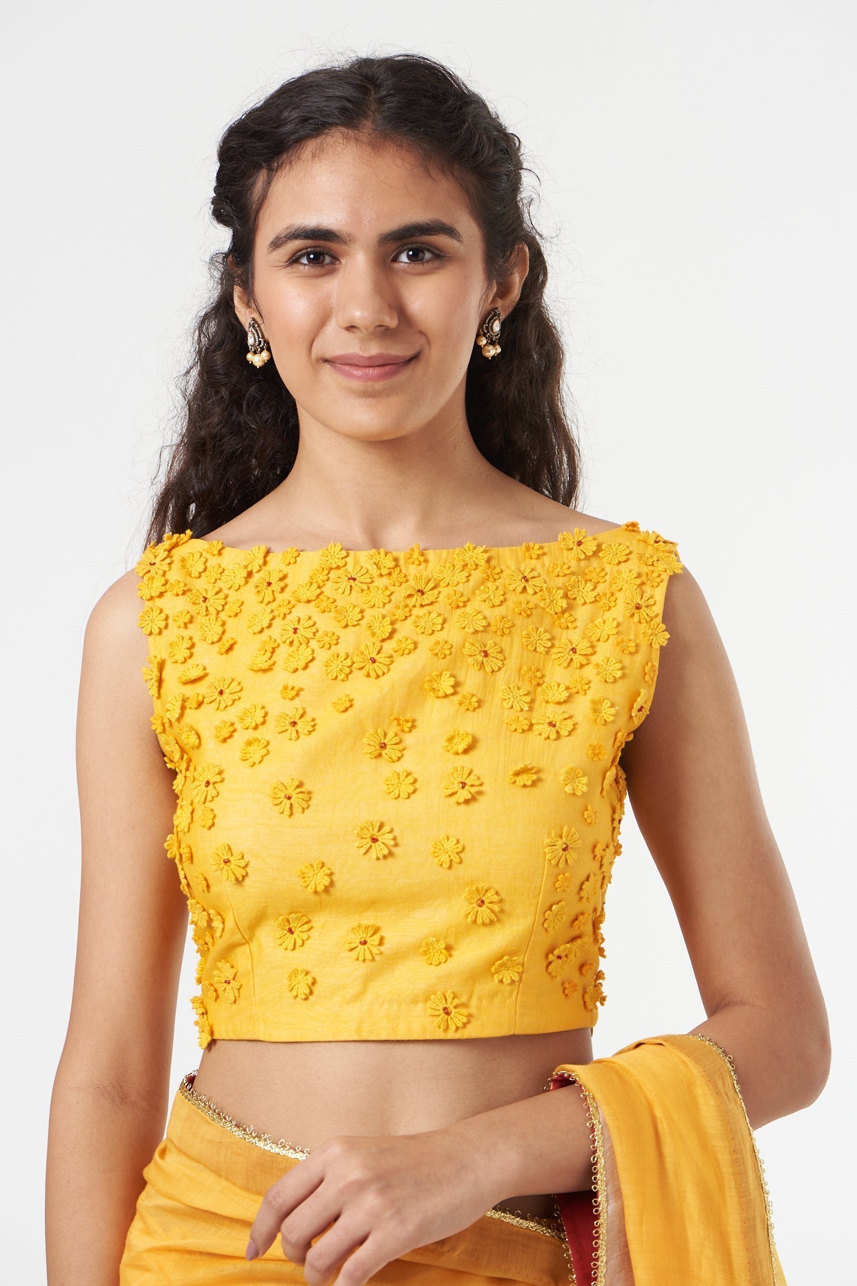 Yellow Silk Chanderi Embroidered Blouse by Ahmev with Casual Wear, Embroidered, Festive '22, Festive'22 by Ahmev, July Sale, July Sale 2023, Natural, New, Regular Fit, Saree Blouses, Silk Chanderi, Tops, Womenswear, Yellow at Kamakhyaa for sustainable fashion