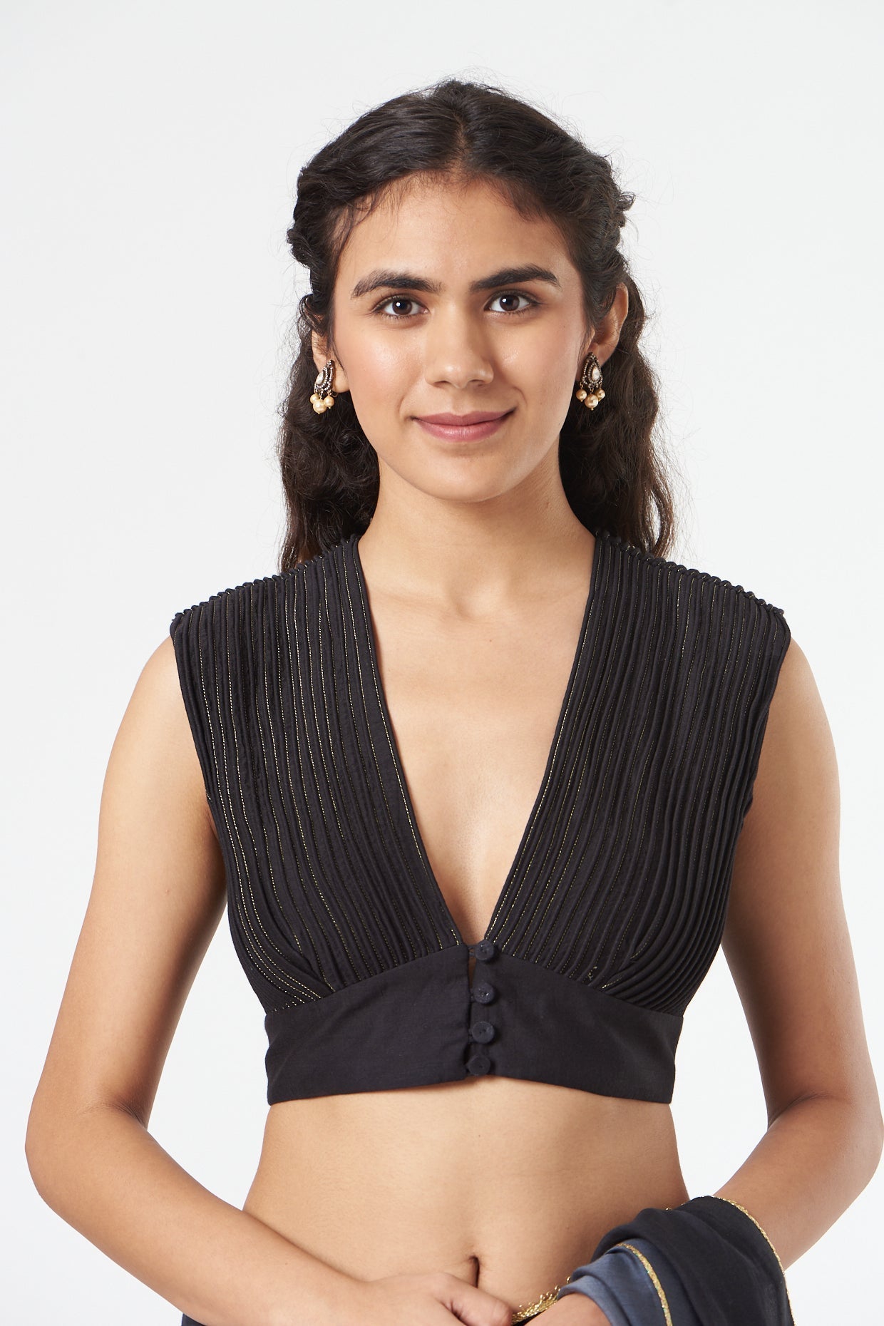 Black Embroidered Chanderi Silk Blouse by Ahmev with Black, Casual Wear, Embroidered, Festive '22, Festive'22 by Ahmev, Indian Wear, July Sale, July Sale 2023, Natural, New, Regular Fit, Saree Blouses, Silk Chanderi, Womenswear at Kamakhyaa for sustainable fashion