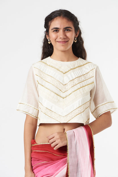 Striped Applique Blouse Indian Wear new, Blouses, Natural, Regular Fit, Silk Chanderi, Stripes, White Ahmev Kamakhyaa