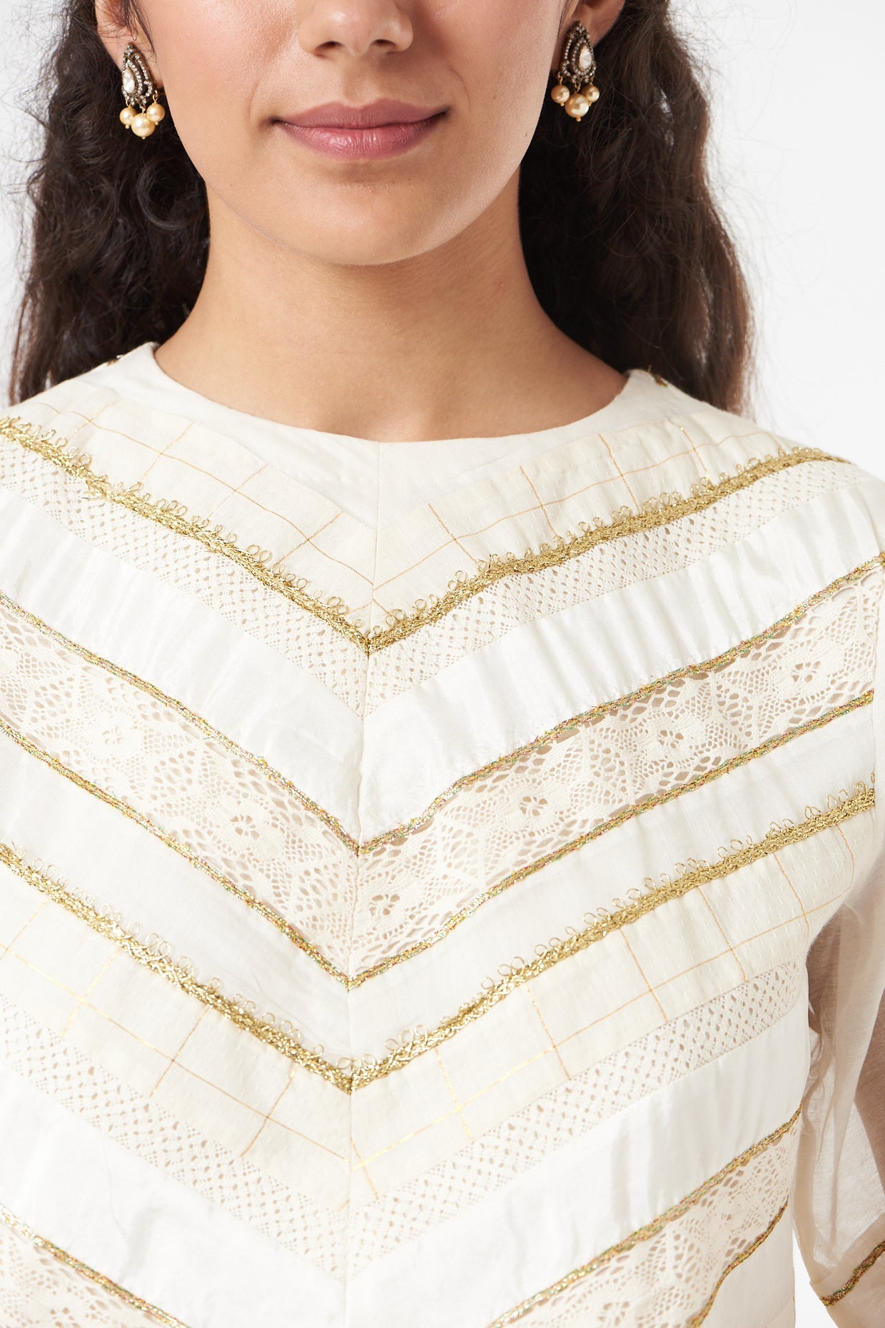 White Striped Cotton & Silk Blouse by Ahmev with Casual Wear, Festive '22, Festive'22 by Ahmev, For Mother, July Sale, July Sale 2023, Natural, New, Regular Fit, Saree Blouses, Silk Chanderi, Stripes, Tops, White, Womenswear at Kamakhyaa for sustainable fashion
