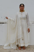 White Chanderi Anakali with Dupatta by Ahmev with Chanderi Silk, Co-ord Sets, Cotton, Embellished, Evening Wear, Festive Wear, Kurta Set with Dupattas, Party Wear, Regular Fit, Rumi, Rumi by Ahmev, Solids, White, Womenswear at Kamakhyaa for sustainable fashion