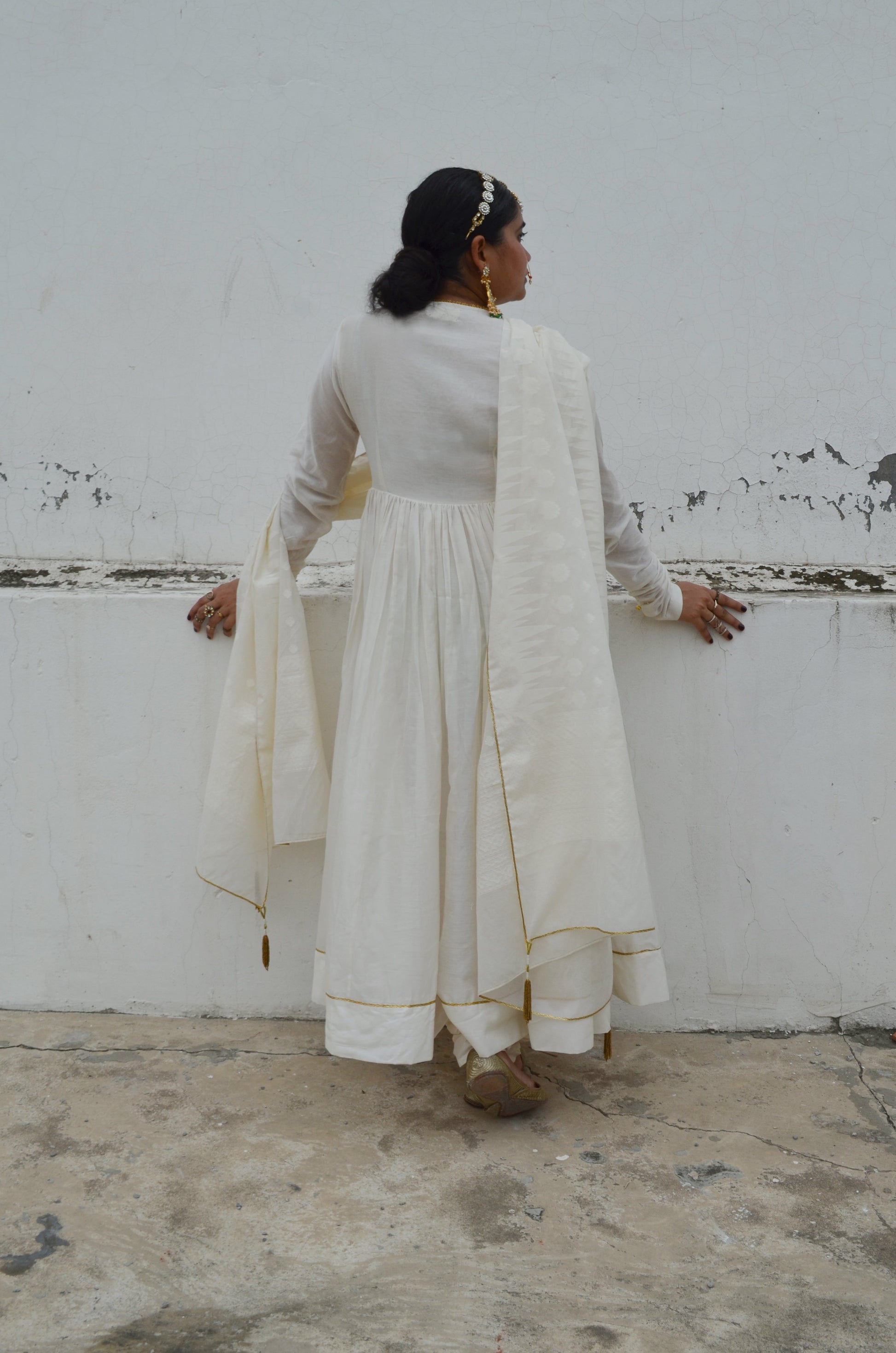 White Chanderi Anakali with Dupatta by Ahmev with Chanderi Silk, Co-ord Sets, Cotton, Embellished, Evening Wear, Festive Wear, Kurta Set with Dupattas, Party Wear, Regular Fit, Rumi, Rumi by Ahmev, Solids, White, Womenswear at Kamakhyaa for sustainable fashion