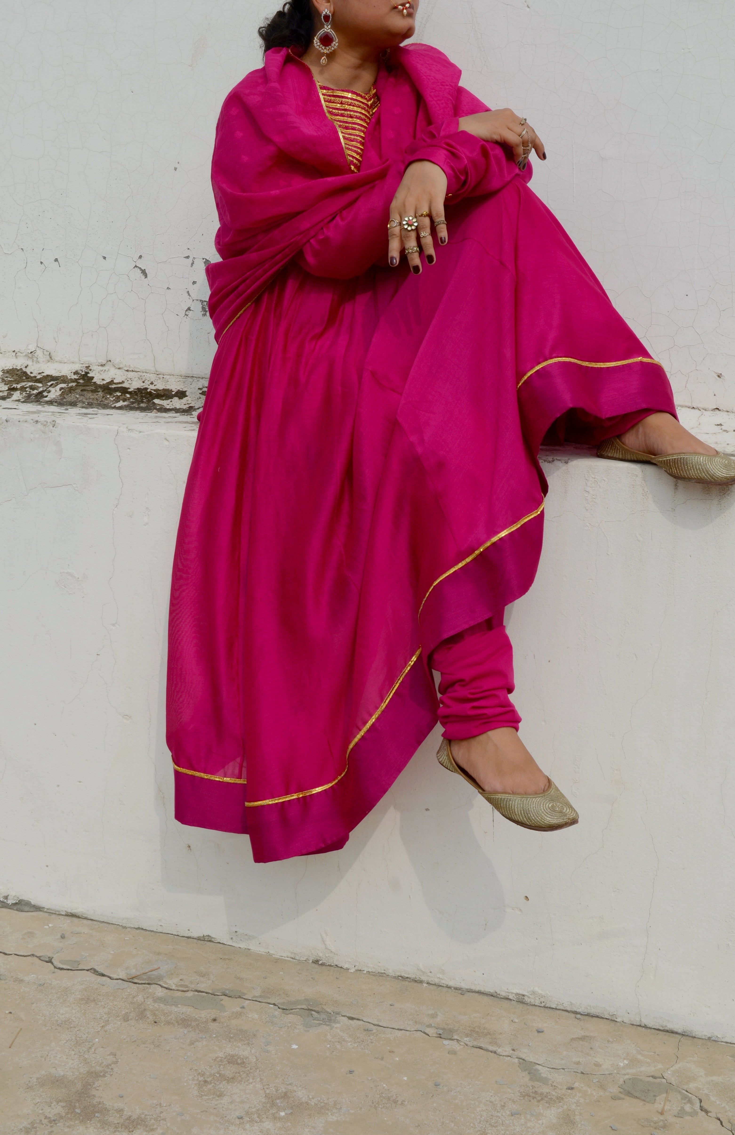 Pink Chanderi Anakali with Dupatta by Ahmev with Chanderi Silk, Co-ord Sets, Cotton, Embellished, Evening Wear, Festive Wear, Kurta Set with Dupattas, Party Wear, Pink, Regular Fit, Rumi, Rumi by Ahmev, Solids, Womenswear at Kamakhyaa for sustainable fashion