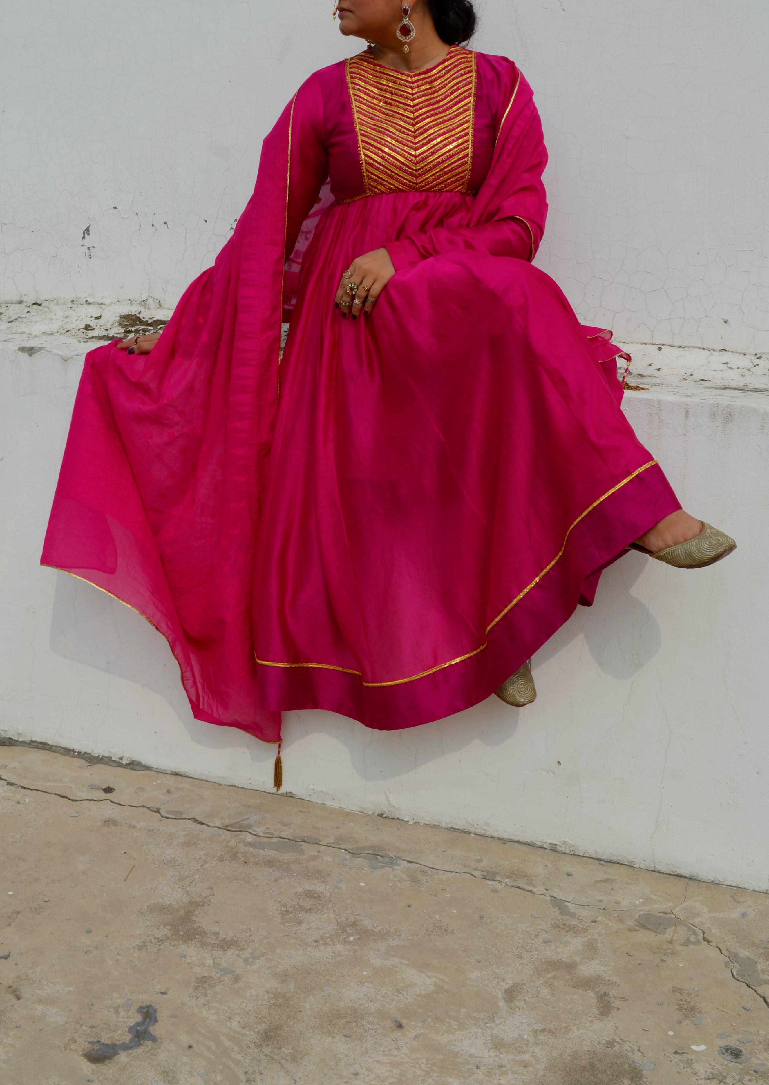 Pink Chanderi Anakali with Dupatta by Ahmev with Chanderi Silk, Co-ord Sets, Cotton, Embellished, Evening Wear, Festive Wear, Kurta Set with Dupattas, Party Wear, Pink, Regular Fit, Rumi, Rumi by Ahmev, Solids, Womenswear at Kamakhyaa for sustainable fashion