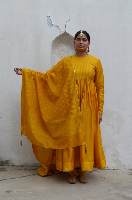 Yellow Chanderi Anakali with Dupatta by Ahmev with Chanderi Silk, Co-ord Sets, Cotton, Embellished, Evening Wear, Festive Wear, Kurta Set with Dupattas, Party Wear, Regular Fit, Rumi, Rumi by Ahmev, Solids, Womenswear, Yellow at Kamakhyaa for sustainable fashion