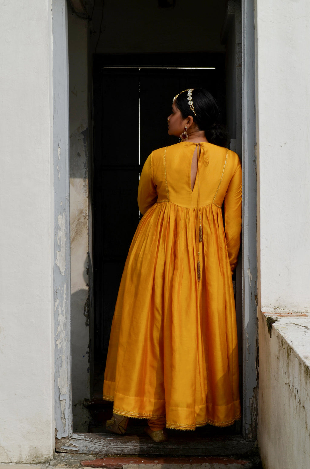 Yellow Chanderi Anakali with Dupatta by Ahmev with Chanderi Silk, Co-ord Sets, Cotton, Embellished, Evening Wear, Festive Wear, Kurta Set with Dupattas, Party Wear, Regular Fit, Rumi, Rumi by Ahmev, Solids, Womenswear, Yellow at Kamakhyaa for sustainable fashion