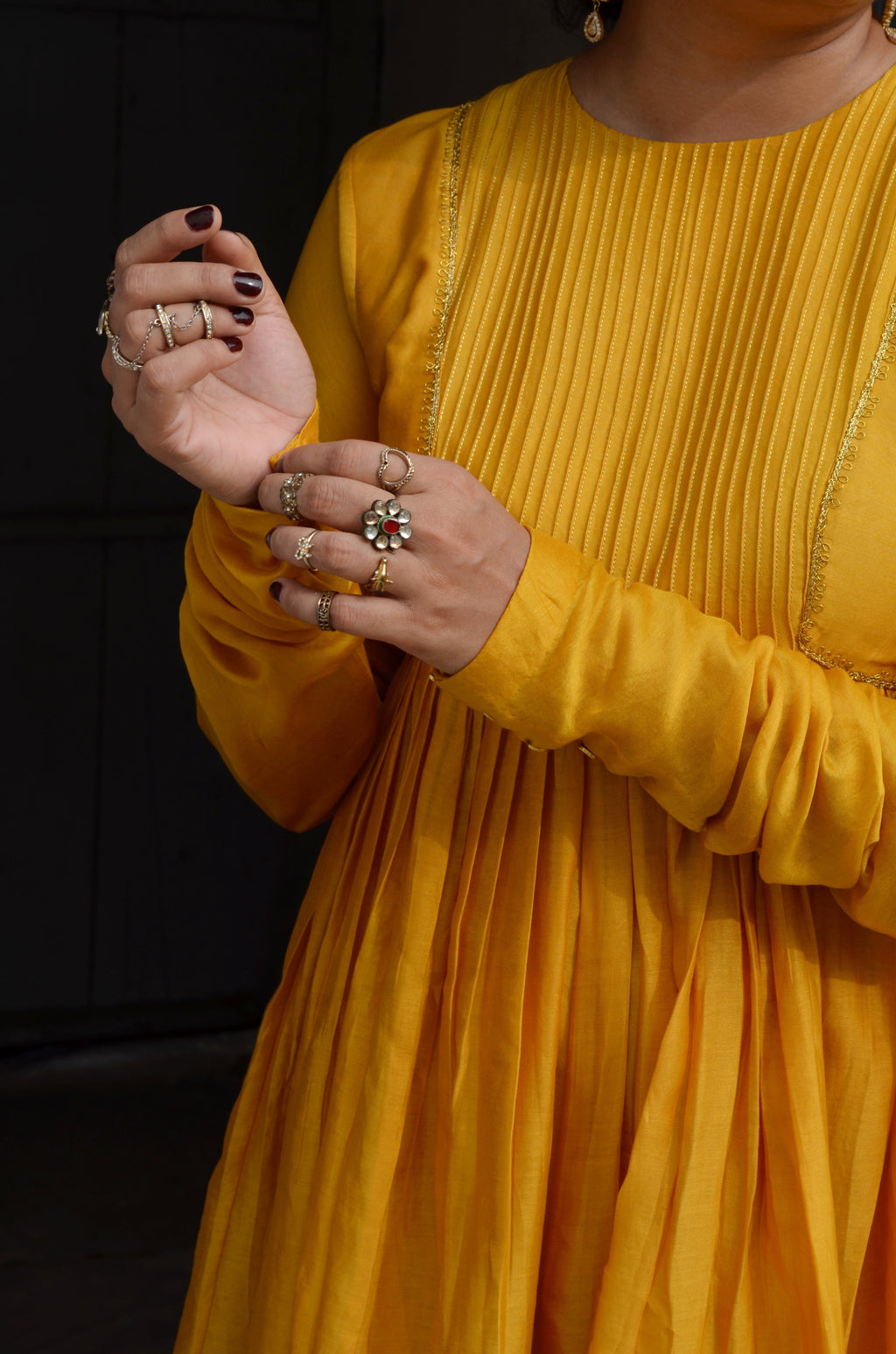 Yellow Chanderi Anakali with Dupatta by Ahmev with Chanderi Silk, Co-ord Sets, Cotton, Embellished, Evening Wear, Festive Wear, Kurta Set with Dupattas, Party Wear, Regular Fit, Rumi, Rumi by Ahmev, Solids, Womenswear, Yellow at Kamakhyaa for sustainable fashion