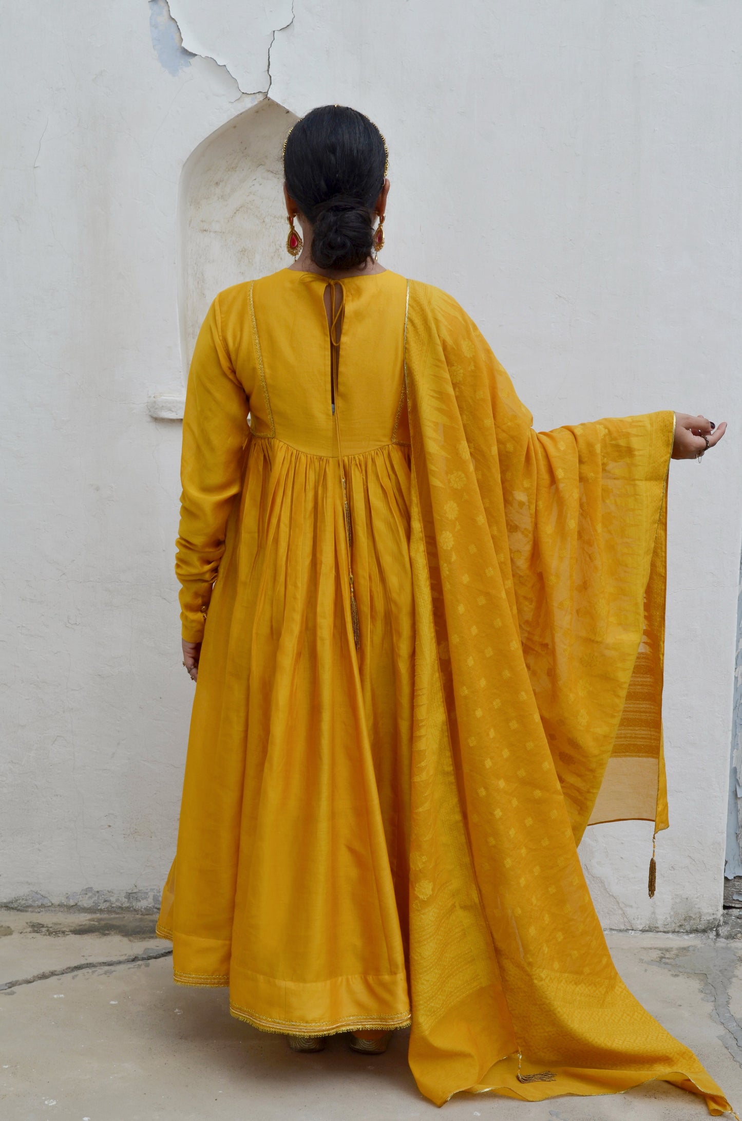 Yellow Chanderi Anakali with Dupatta by Ahmev with Chanderi Silk, Co-ord Sets, Cotton, Embellished, Evening Wear, Festive Wear, Kurta Set with Dupattas, Party Wear, Regular Fit, Rumi, Rumi by Ahmev, Solids, Womenswear, Yellow at Kamakhyaa for sustainable fashion