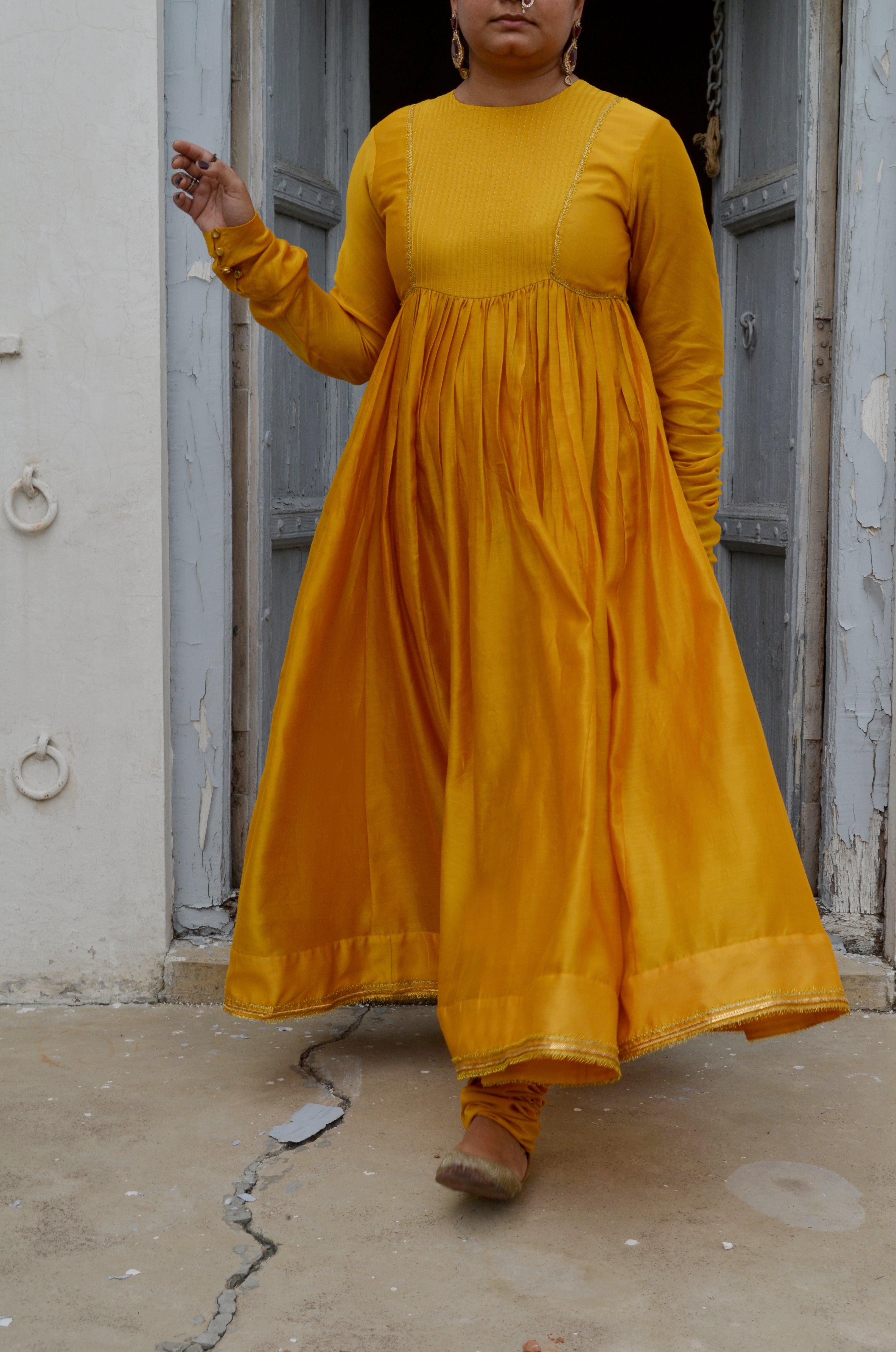 Yellow Chanderi Anakali with Dupatta by Ahmev with Chanderi Silk, Co-ord Sets, Cotton, Embellished, Evening Wear, Festive Wear, Kurta Set with Dupattas, Party Wear, Regular Fit, Rumi, Rumi by Ahmev, Solids, Womenswear, Yellow at Kamakhyaa for sustainable fashion