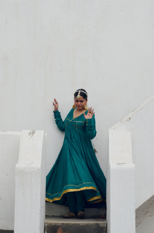 Green Chanderi Anakali with Dupatta by Ahmev with Chanderi Silk, Co-ord Sets, Cotton, Embellished, Evening Wear, Festive Wear, Green, Kurta Set with Dupattas, Party Wear, Regular Fit, Rumi, Rumi by Ahmev, Solids, Womenswear at Kamakhyaa for sustainable fashion