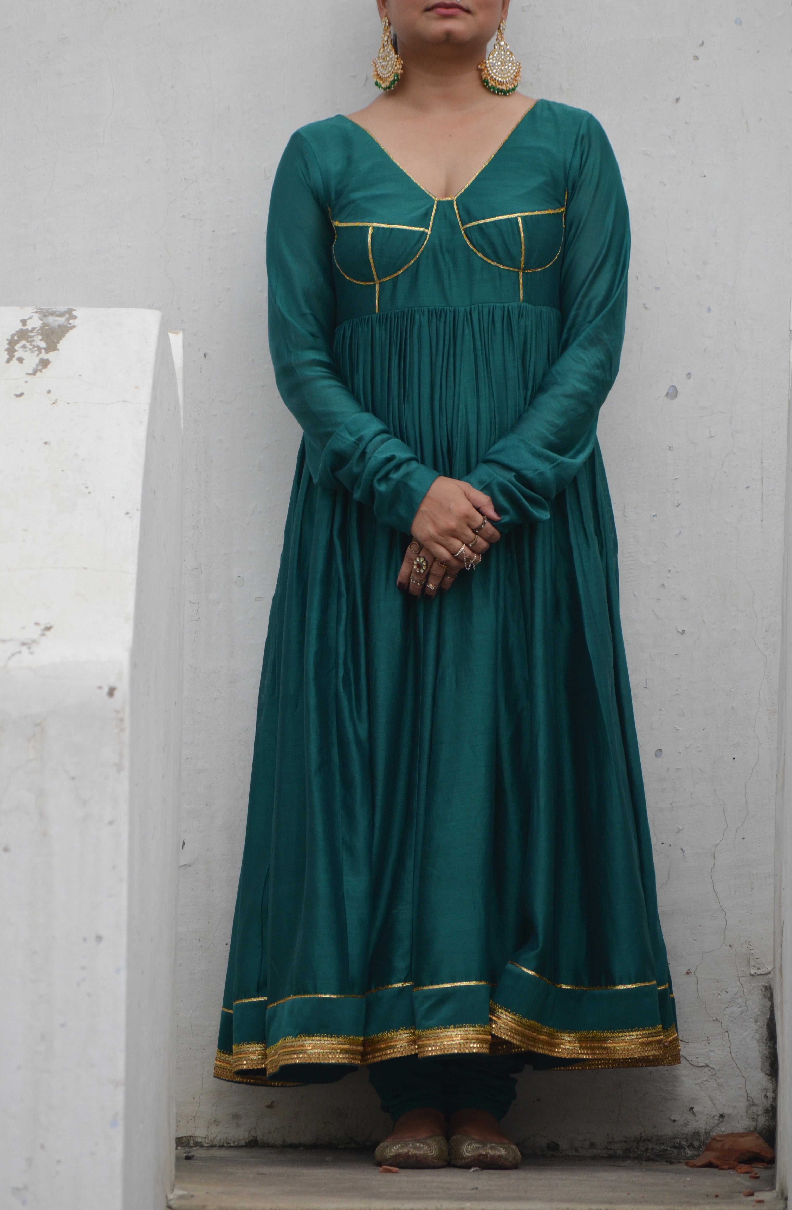 Green Chanderi Anakali with Dupatta by Ahmev with Chanderi Silk, Co-ord Sets, Cotton, Embellished, Evening Wear, Festive Wear, Green, Kurta Set with Dupattas, Party Wear, Regular Fit, Rumi, Rumi by Ahmev, Solids, Womenswear at Kamakhyaa for sustainable fashion