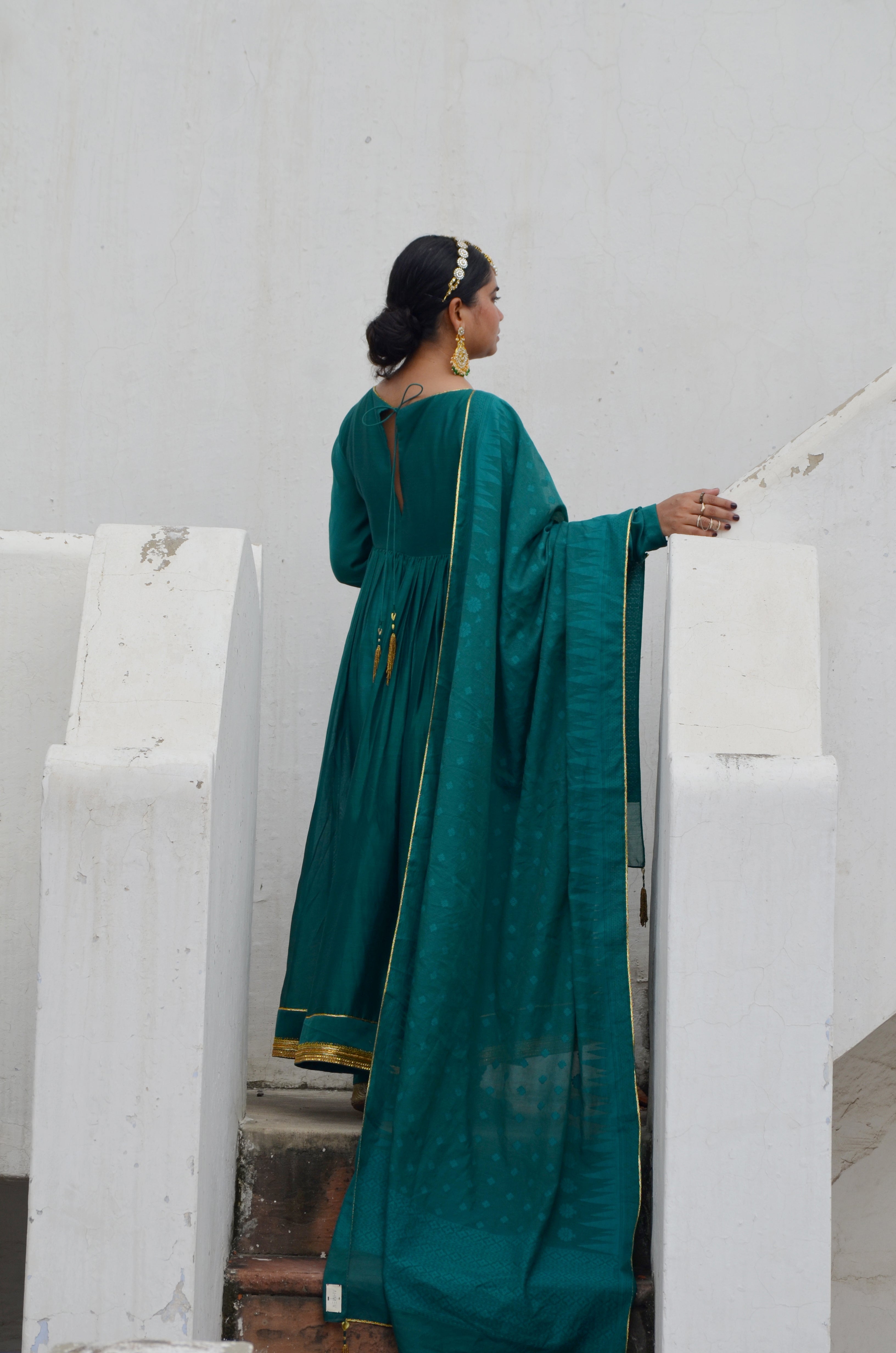 Green Chanderi Anakali with Dupatta by Ahmev with Chanderi Silk, Co-ord Sets, Cotton, Embellished, Evening Wear, Festive Wear, Green, Kurta Set with Dupattas, Party Wear, Regular Fit, Rumi, Rumi by Ahmev, Solids, Womenswear at Kamakhyaa for sustainable fashion
