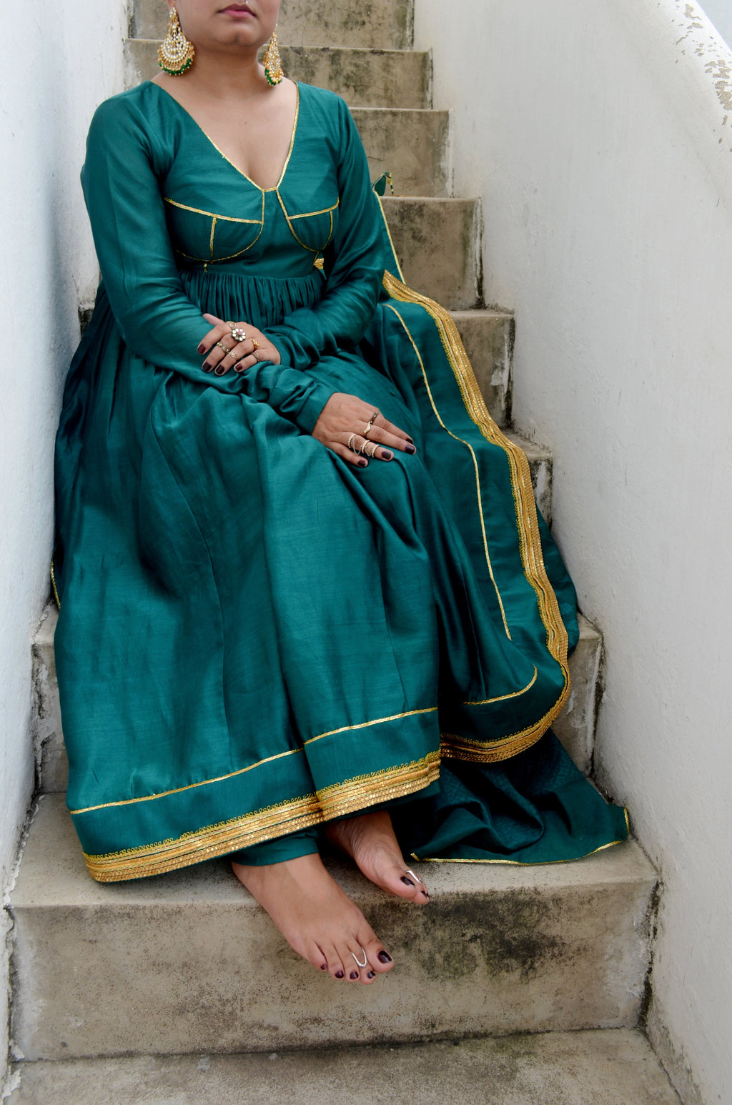 Green Chanderi Anakali with Dupatta by Ahmev with Chanderi Silk, Co-ord Sets, Cotton, Embellished, Evening Wear, Festive Wear, Green, Kurta Set with Dupattas, Party Wear, Regular Fit, Rumi, Rumi by Ahmev, Solids, Womenswear at Kamakhyaa for sustainable fashion